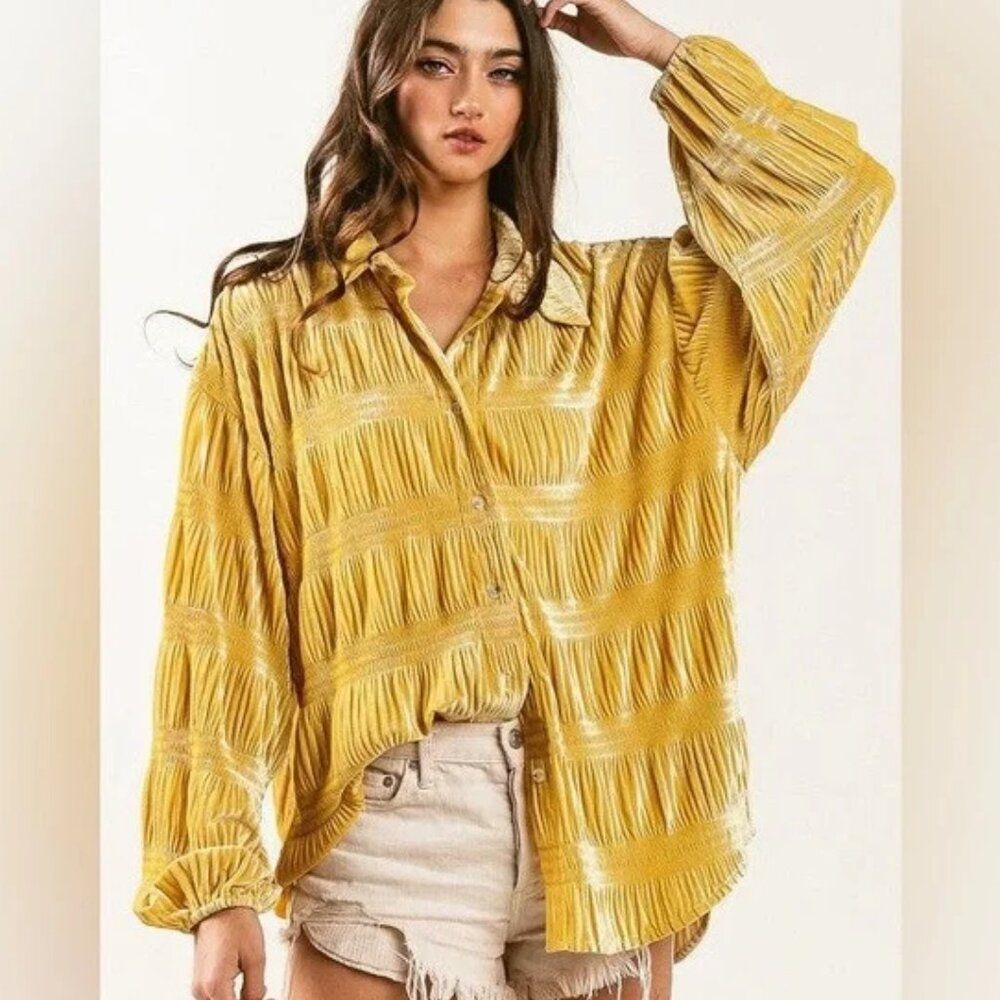 Bibi Yellow Shimmer Velvet Smocked Button Down Oversized Blouse Top Medium Boho